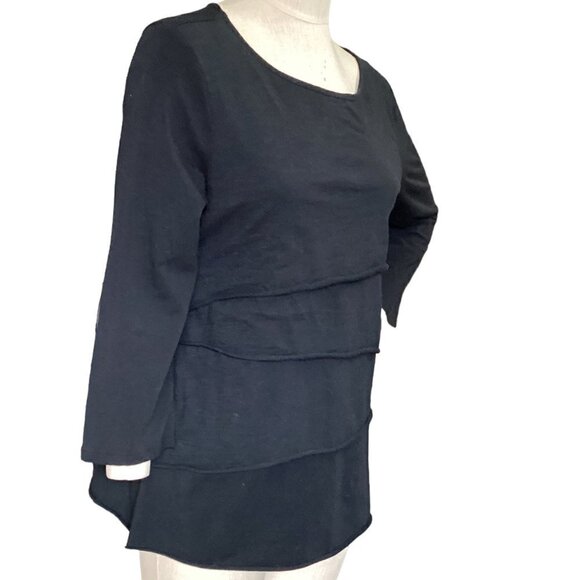 HabitaT 3/4-Sleeve Layered Ruffle Top Black Stretch Cotton Sz L #163B - Picture 2 of 8